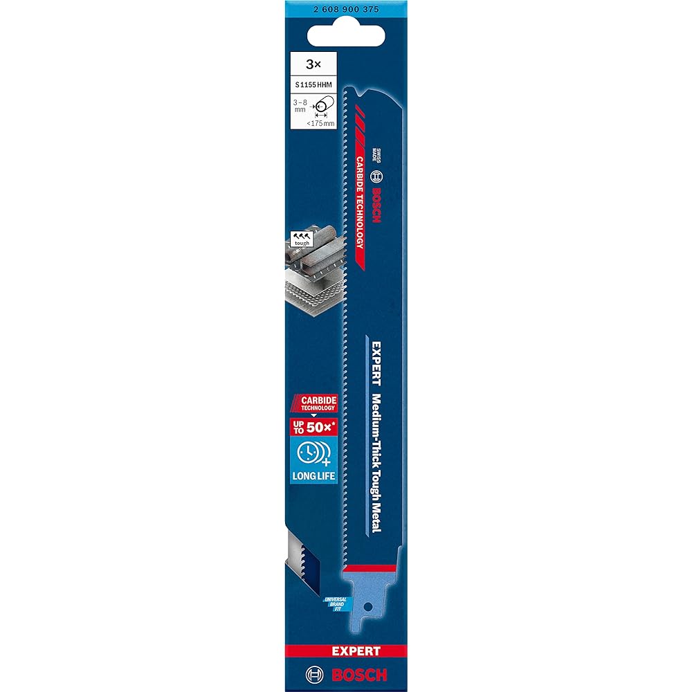 Bosch Professional 3x EXPERT ‘Medium-Thick Tough Metal’ S 1155 HHM Saber Saw Blade (Thick Metal, Stainless Steel Tube, Cast Iron, Total Length 225 mm, Saber Saw Accessories)