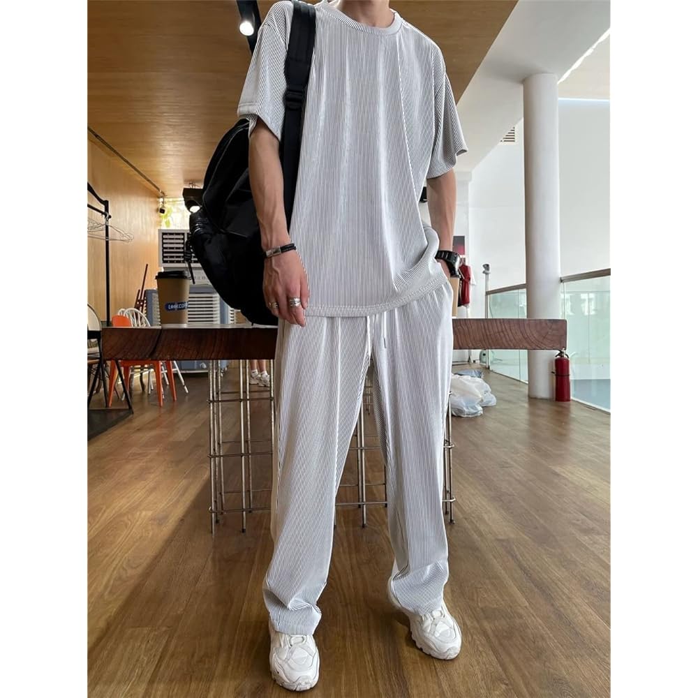 [ZOEMAKE] Men's Setup, Top and Bottom Set, T-Shirt, Long Pants, Tops, 2-Piece Set, Room Wear, Sweatshirt, Sarouel Pants, Jersey, Cool, Short Sleeve, Loose, Large Size, Summer, Stretch, Breathable, Ice Silk, Casual, Soft