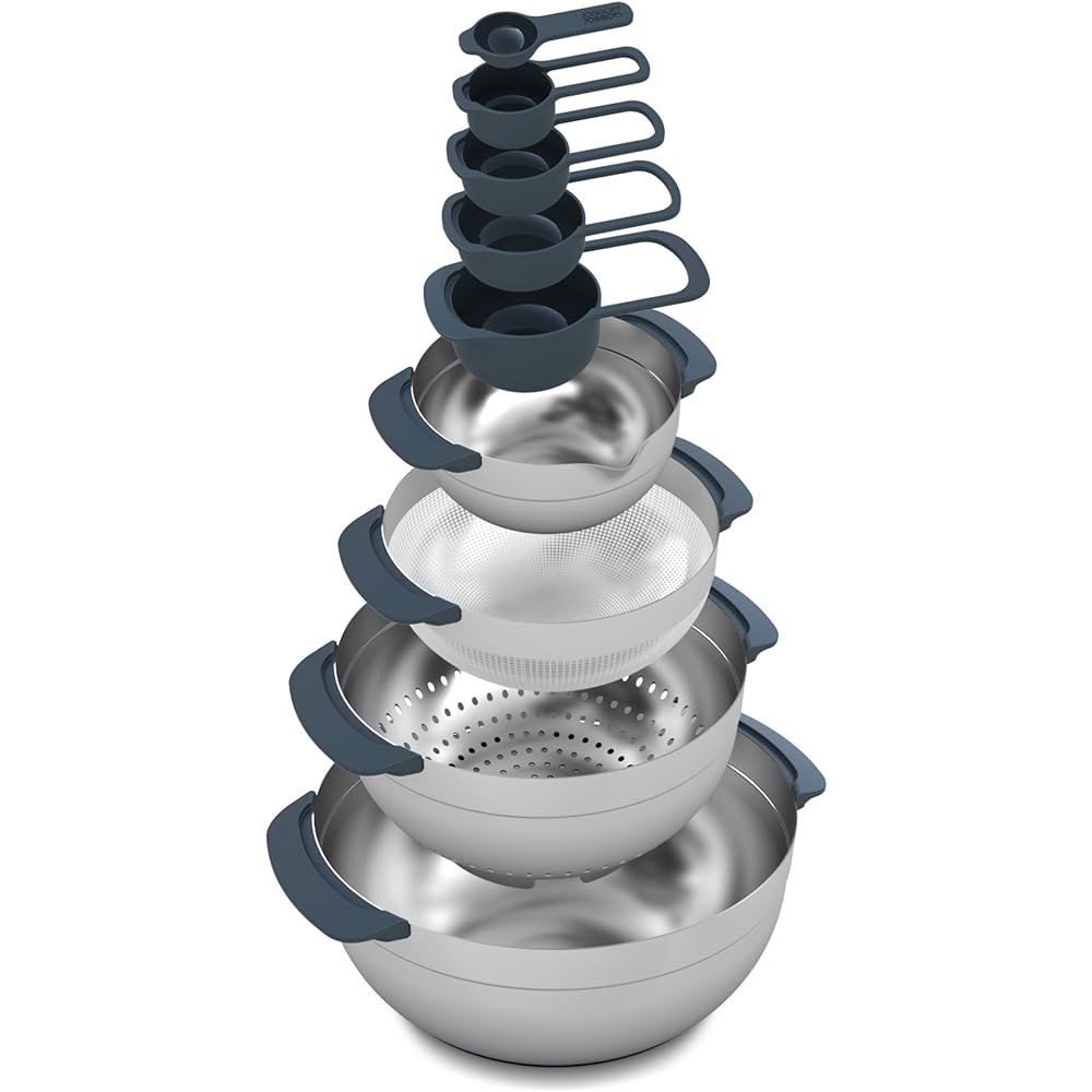 Joseph Joseph Measuring Cup, Bowl, Drainer, Measuring Spoon, Nest 9 Steel, 9 Piece Set, Dishwasher Safe, Stackable, Stainless Steel [Genuine Product] 95032