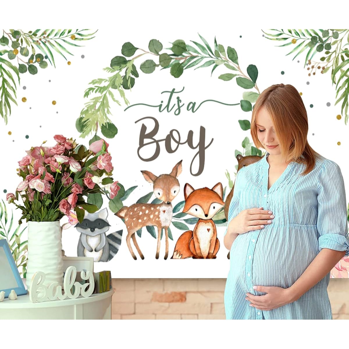 InMemory Green Woodland Baby Shower Backdrop It's a Boy Baby Shower Decor Backdrop Jungle Safari Animals Woodland Creatures Boy Baby Shower Birthday Party Photo Booth Banner 5x3ft