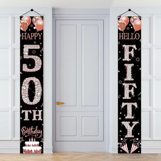 50th Birthday Door Banner Decorations for Women, Rose Gold, Happy 50th Birthday Hello Fifty Porch Sign, Party Supplies, 50th Birthday Decor for Indoor/Outdoor
