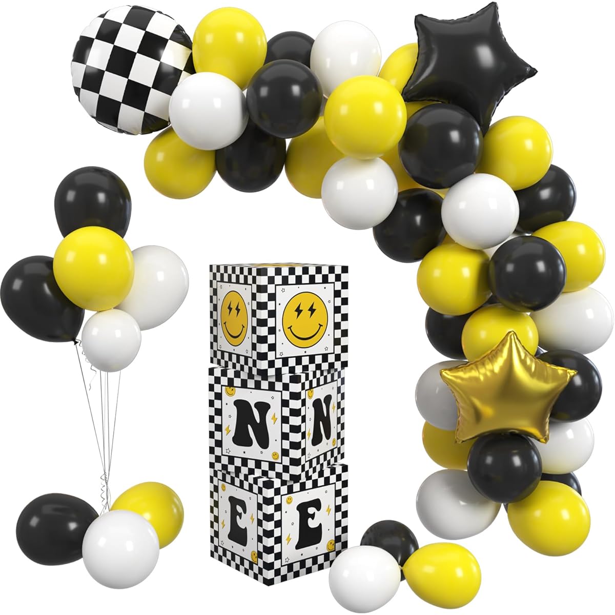 Happy Dude Balloon Box 1st Birthday Party Balloon Block Smile Theme Birthday Party Balloon Arch Kit Boys Party Decorations Yellow Black Lightning Checkered Backdrop Favors
