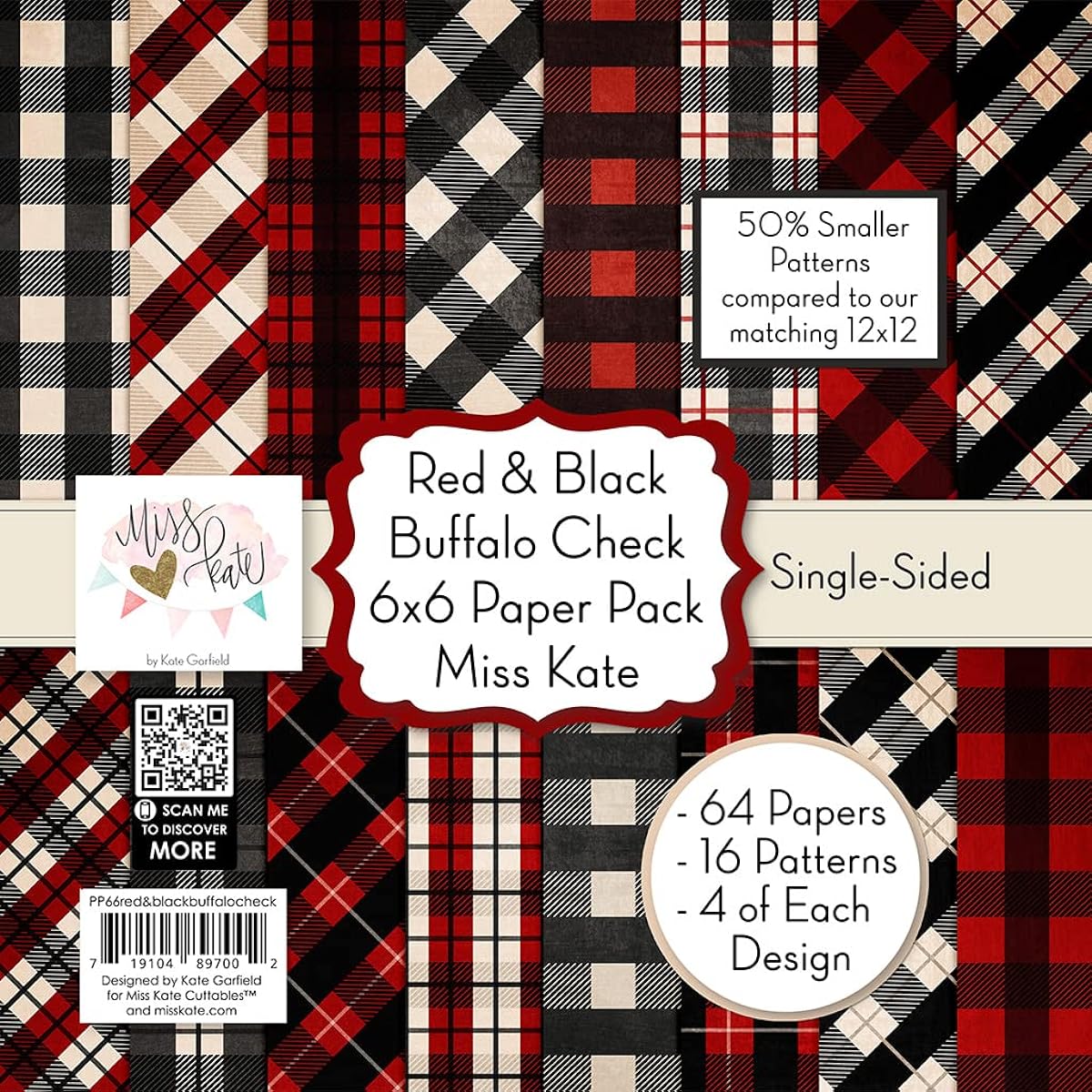 Miss Kate Cuttables 6x6 Pattern Paper Pack - Red & Black Buffalo Check Card Making Scrapbooking Specialty Paper Single Sided 6x6 Inch Collection - 64 Sheets
