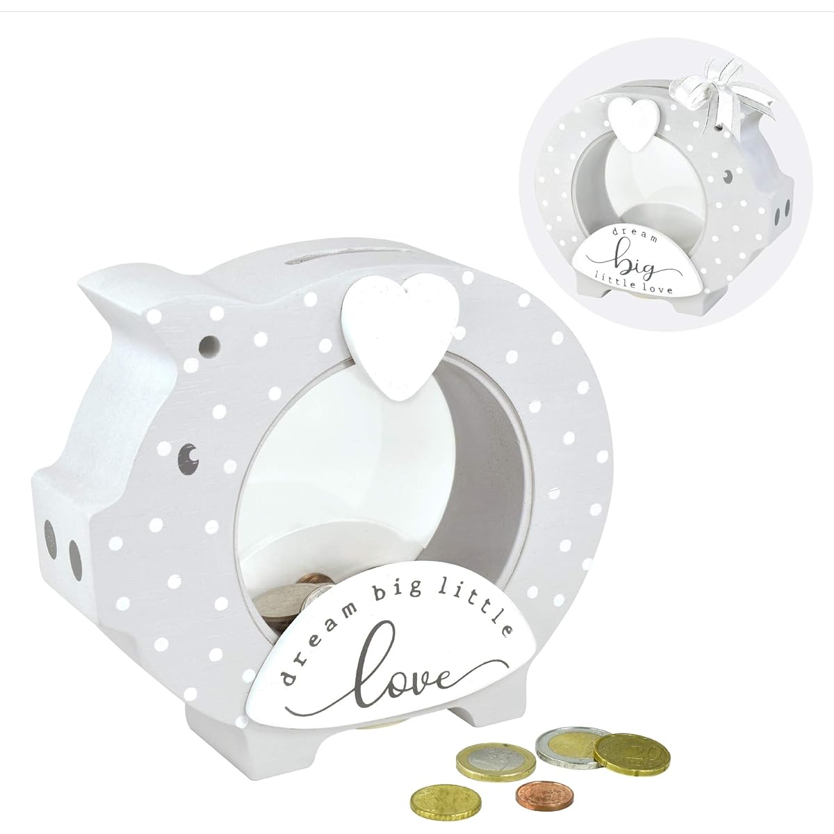 I'm Solid Wood Piggy Bank Money Box Savings Bank for Baby Birthday Boy Girl Kids Baby Celebration Keepsake Nursery Decor Polka Dot Grey