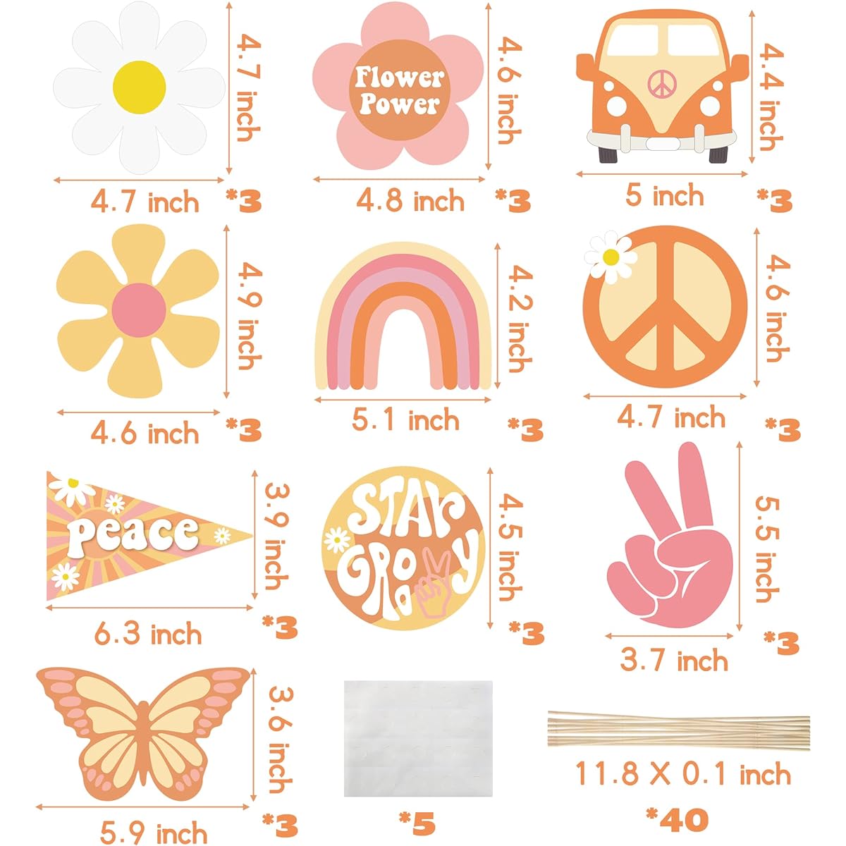 A1diee 30pcs Groovy Retro Hippie Boho Party Centerpieces Table Toppers Rainbow Butterfly Daisy Flower Birthday Decorations Stars Groovy 60s Party Supplies for Girls Baby Shower/Photo Props