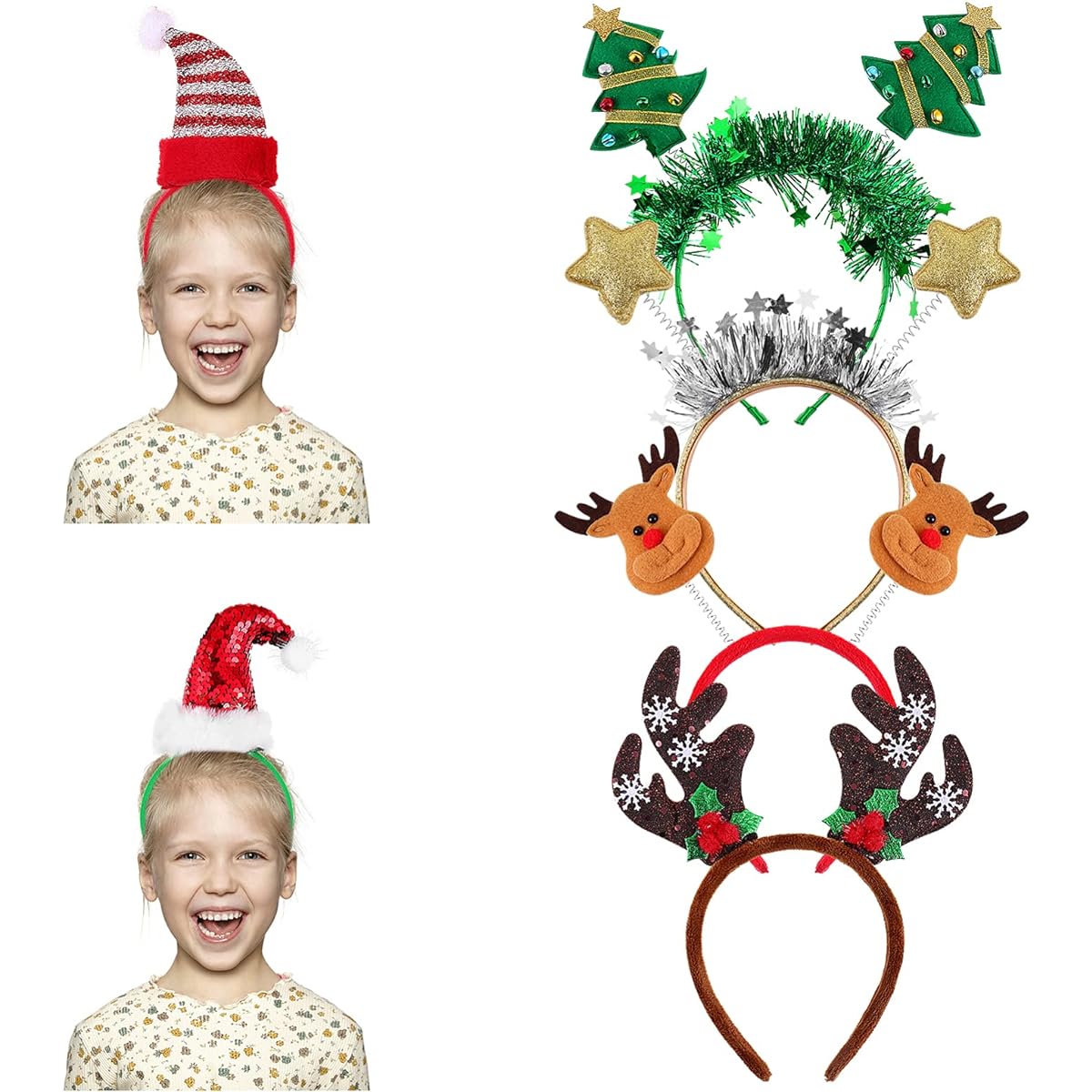 Lurrose Christmas Headband Elf Party Hat Christmas Tree Reindeer Headwear Sequins Christmas Hair Hoop Christmas Party Favors Accessories 6 Pieces