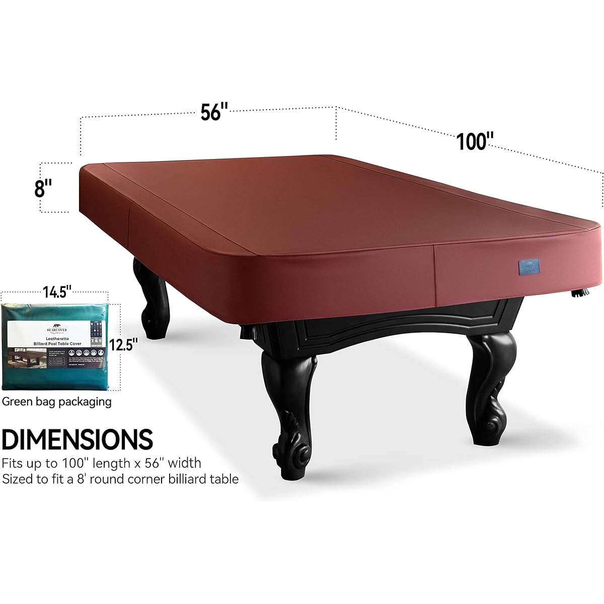 BEARCOVER Heavy Duty Leatherette Billiard Pool Table Cover, Waterproof and Tear Resistant for Pool Tables 7/8/9 Feet (10 Colors) (8 Feet/Bordeaux Red)