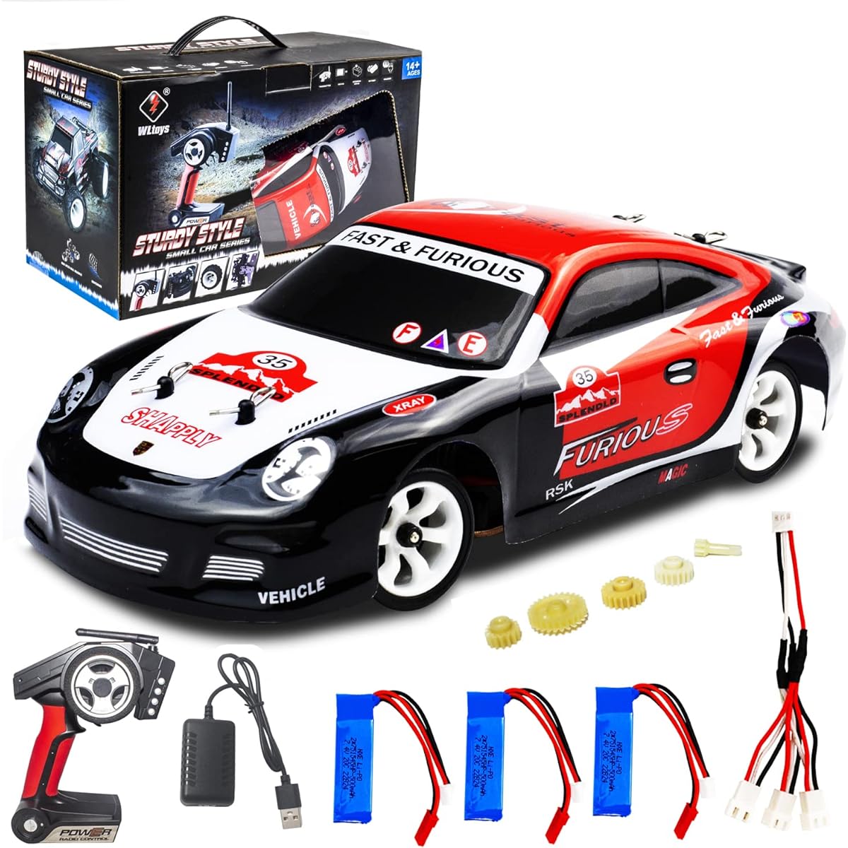 LEOSO WLtoys K969 RC Car Upgrade 500mah Battery * 3 1/28 Scale 2.4GHz Remote Control Car 4WD 30KM/H High Speed RC Racing Car Drift Car for Kids and Adults with Gift Box