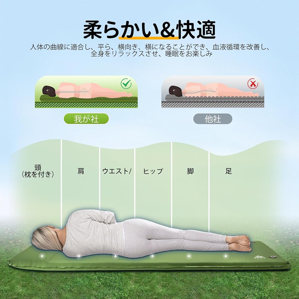 GGOV Air Bed Camping Equipment 20 Seconds Automatic Inflation Thick 26D High Density Elastic Foam Load Capacity 350kg Includes Pillow 9.5 R