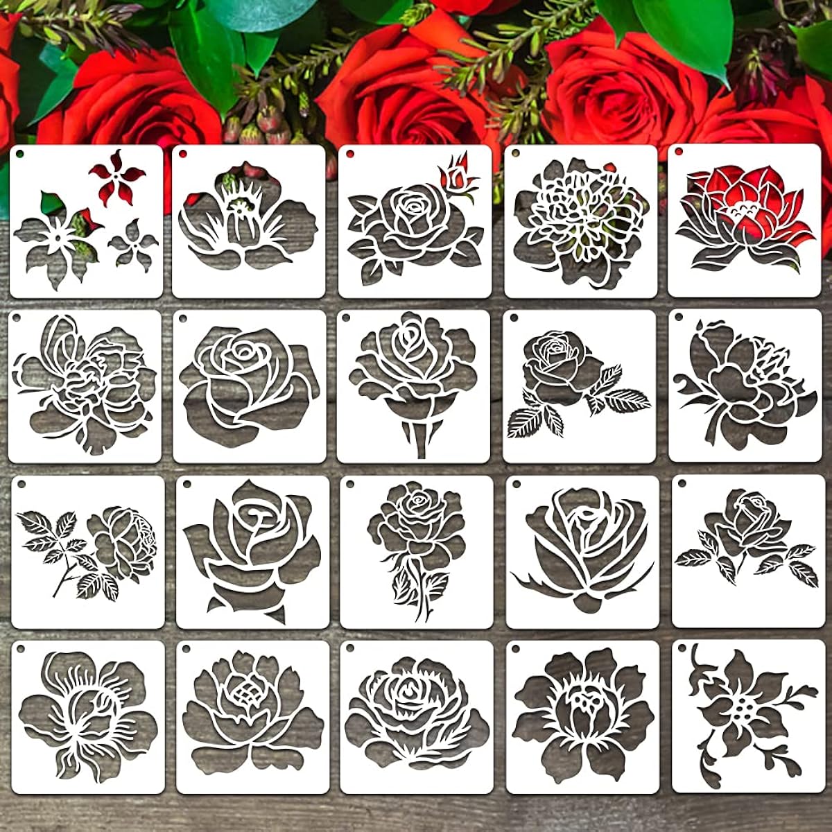 20Pcs Rose Flower Stencils, Flower Leaf Painting Stencils, Reusable Rose Stencils Floral Plastic Art Drawing Templates DIY Crafts Botanical Stencils for Wood Wall Door Canvas Home Decoration