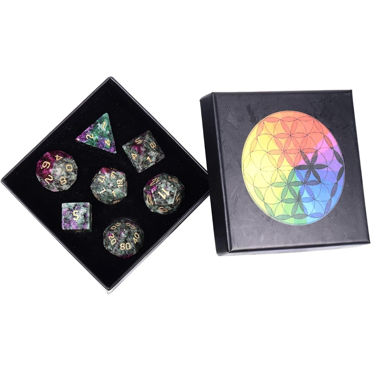 Nupuyai Fuchsite Crystal D&D Polyhedral Dice Set with Box for Dungeons & Dragons, Set of 7 Tabletop Gaming Dice for RPG MTG Roleplaying Collection