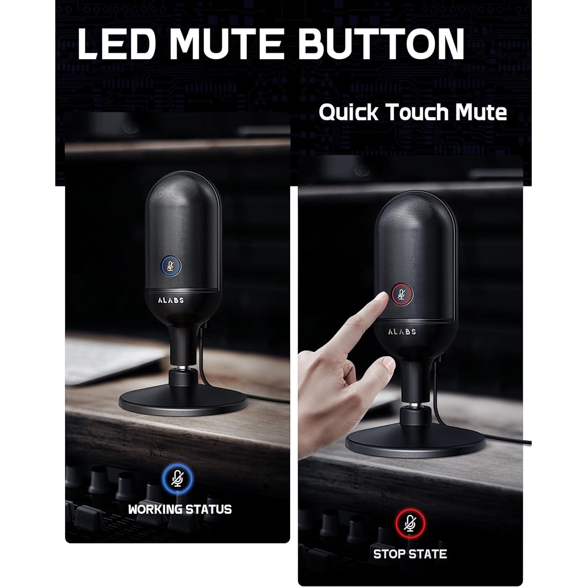 ALABS USB Microphone Condenser Podcast Microphone for Computer Mac Smartphone Plug and Play Gaming Microphone with LED Quick Mute 1/8" Headphone Monitor Jack for Recording/Singing/YouTube/Tiktok Black