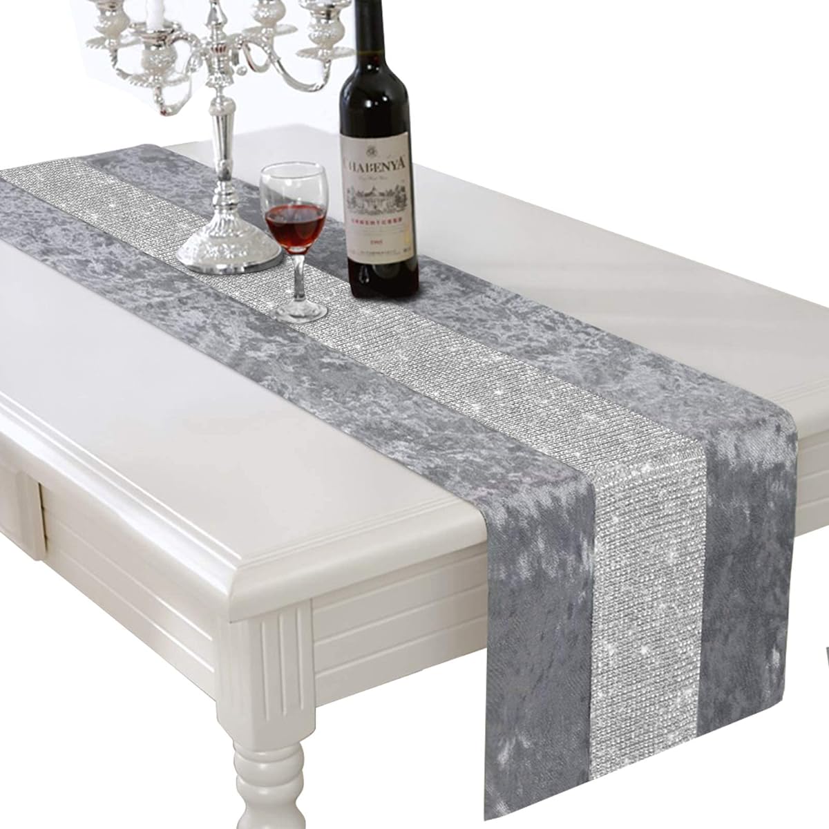HALOViE Dining Table Runner with Diamant Strips for Home Kitchen Party Wedding Decorations Grey 13x90 inch (He50056-03-LZZQ-grey-230cm)