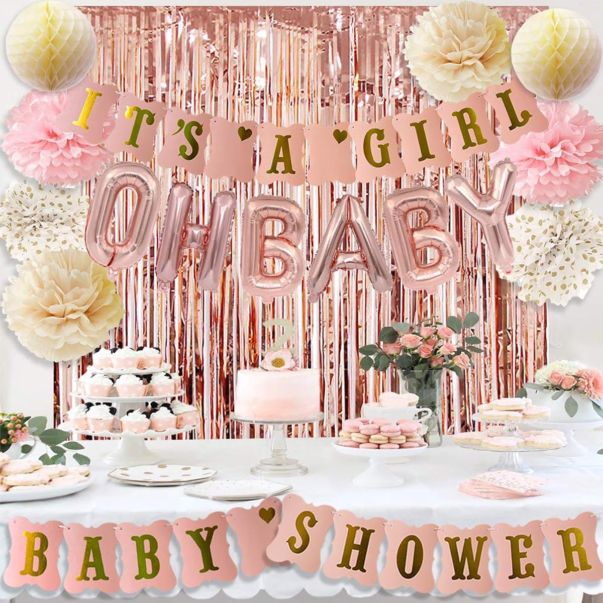 HappyField Rose Gold Baby Shower Decorations for Girls, Pink Gold It's A Girl Baby Shower Banner, Rose Gold OH Baby Foil Letter Balloons, Rose Gold Foil Fringe Curtains, Tissue Pom Poms, Honeycomb Balls