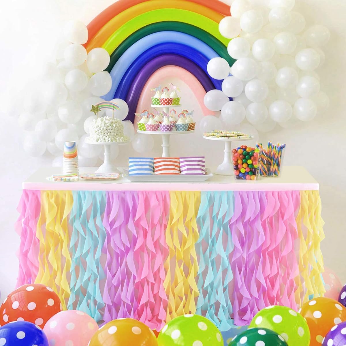 Leegleri Rainbow Tulle Curly Willow Table Skirt for Rectangular Table Tutu Ruffle Table Skirt Baby Shower Mermaid Birthday Baby Shark Party (9ft Table Skirt)