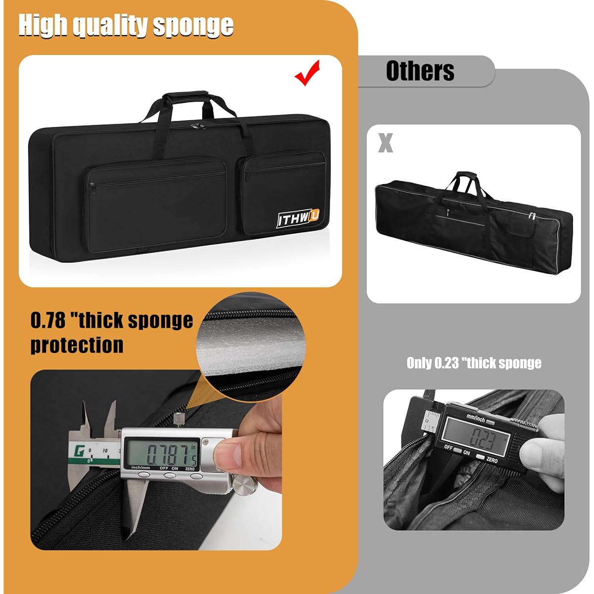 ITHWIU Keys Keyboard Case, Keyboard Gig Bag with Electric Piano Pad, Adjustable Strap and 5 Pockets for Keyboard Accessories, Black, 88 Note-Lenth 54"