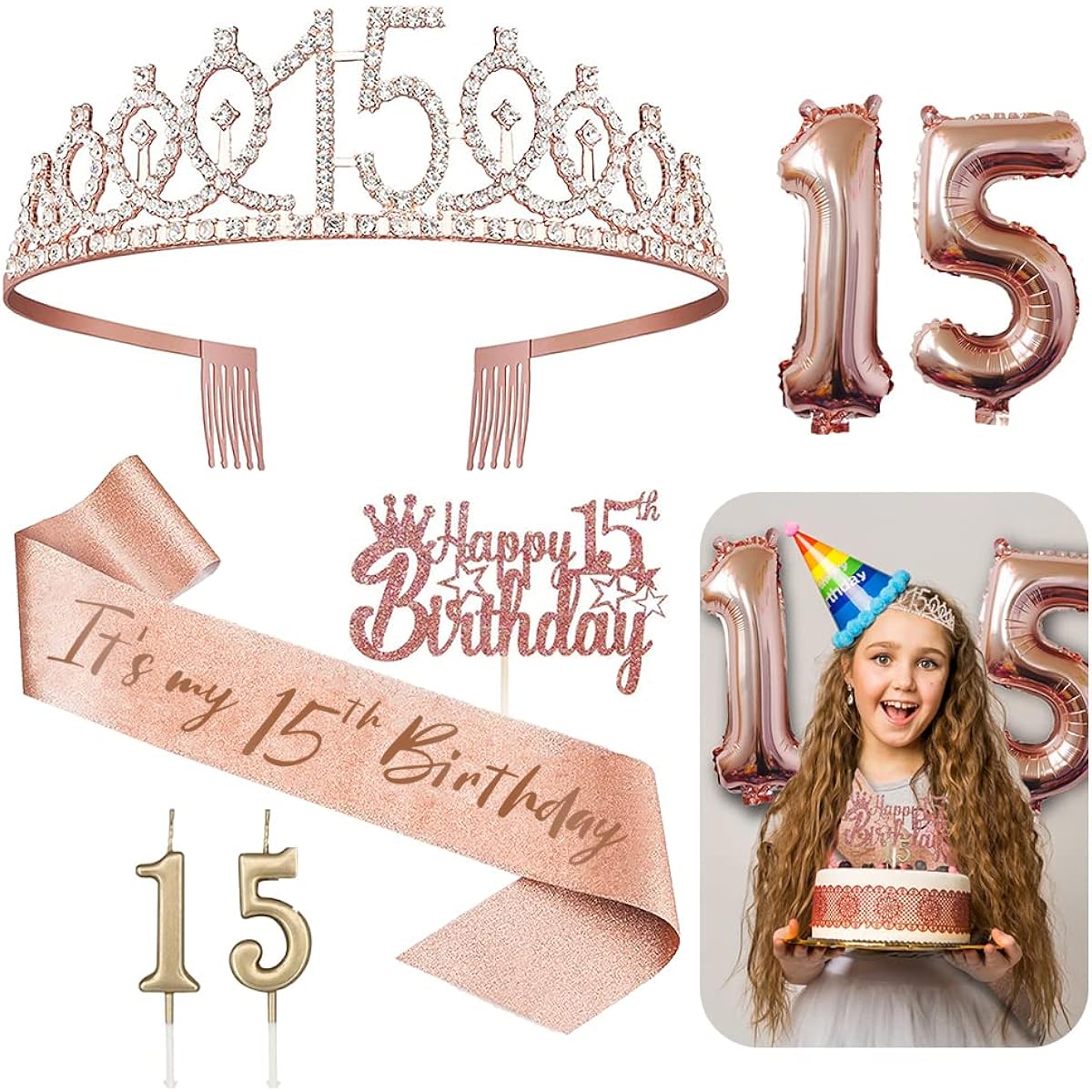 Sweet 15 Birthday Decorations for Her - 5 Piece Gifts, 15th Tiara Crown, Sash, Cake Topper, Balloons, Birthday Candles, 15th Birthday Gifts for Girls