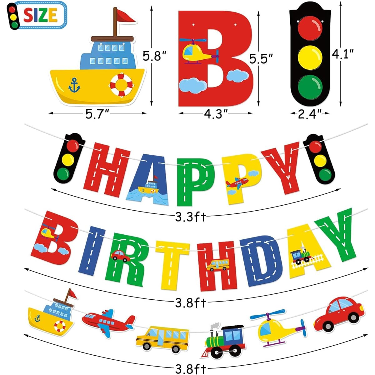 Faisichocalato Traffic Happy Birthday Banner with Car Bus Train Plane Ship Helicopter Traffic Lights Photo Props Garland for Kids Traffic Theme Birthday Party Decorations Baby Shower Supplies