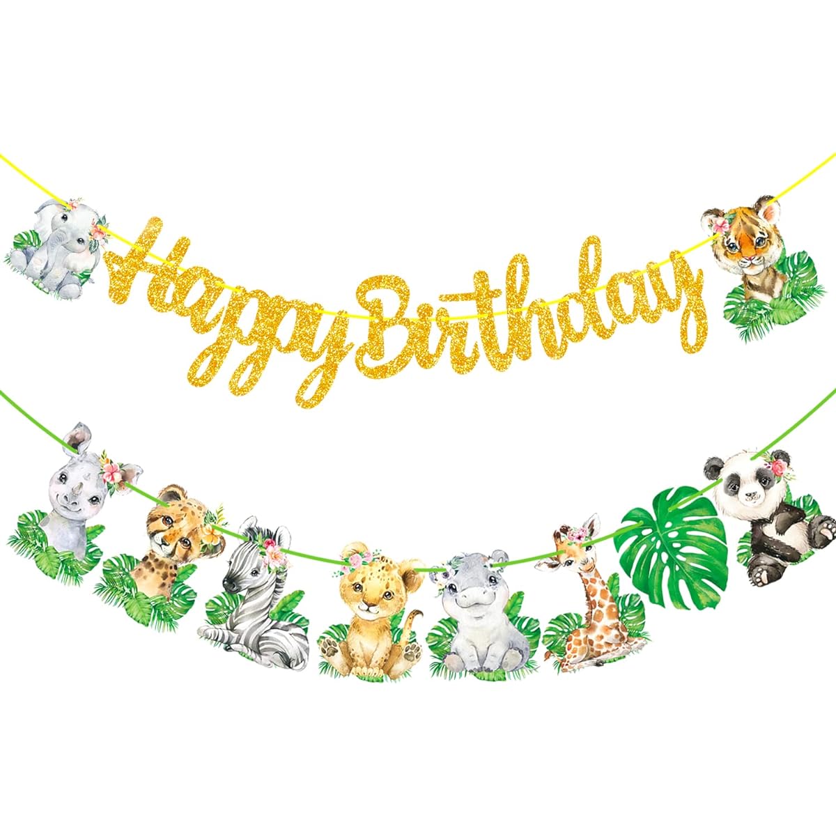 Safari Animal Happy Birthday Banner Jungle Animal Party Decorations 2pcs Safari Jungle Animal Hanging Cutout Banner Safari Animal Garland Wild One Baby Shower Supplies