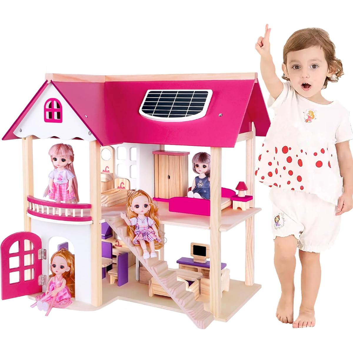 SoQte Doll Wooden House Doll House with 4 Dolls and 19 Wooden Furniture, Toy Gift for Toddlers Ages 3+, Birthday Gift