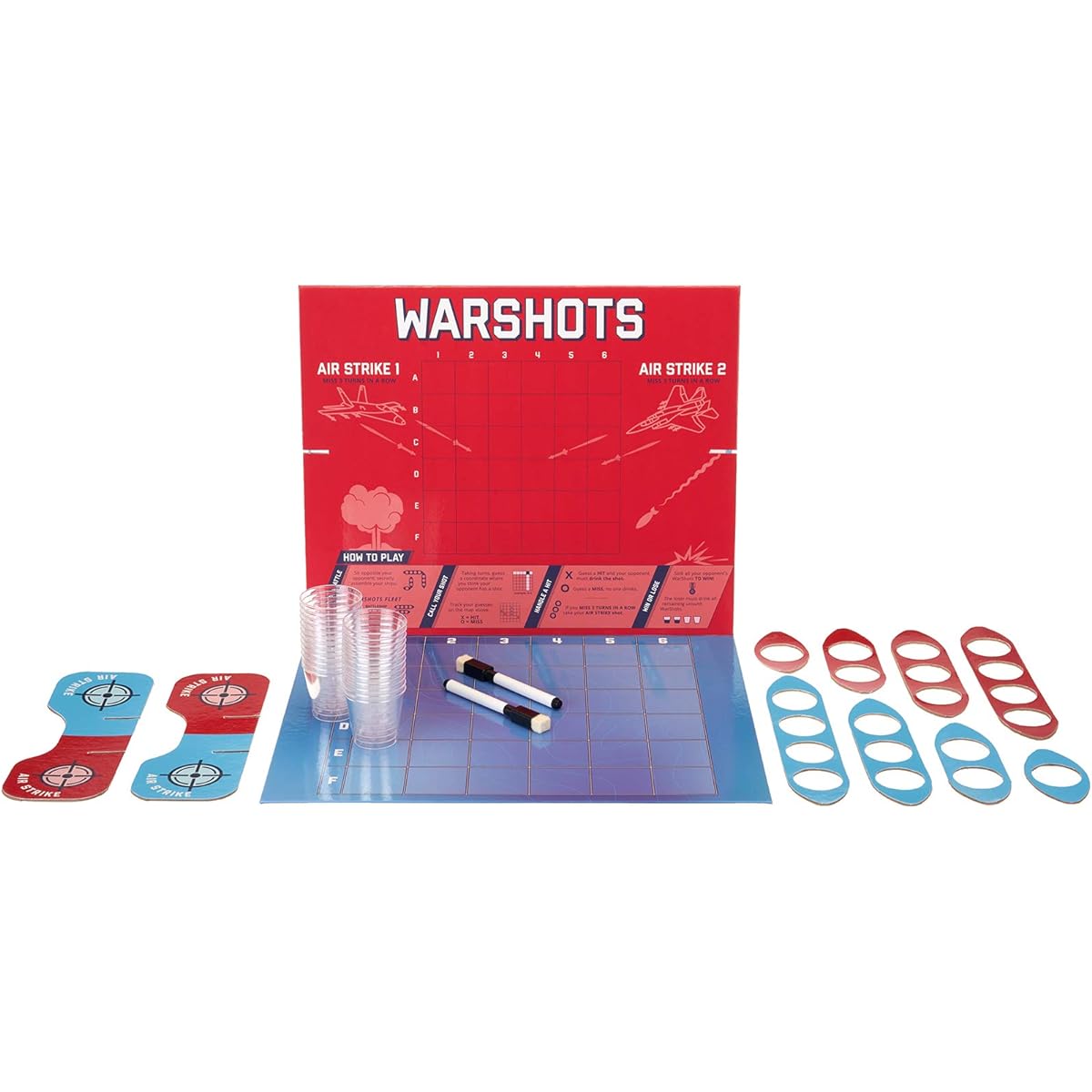 True WARSHOTS Board with Instructions, 24 Plastic Shot Glasses, Drinking Game, 11.25", Blue, Red