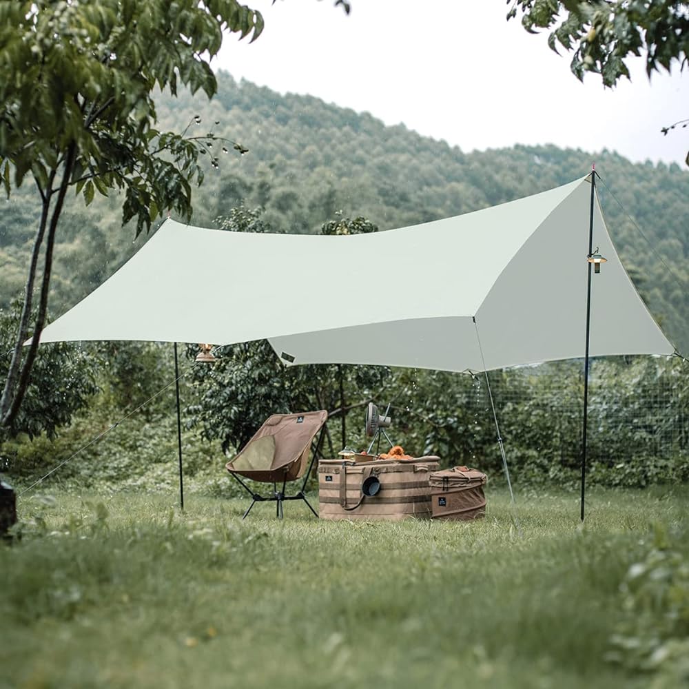 Thous Winds Tarp Sun Shelter Awning Shade Hexagon Tarp Solo Camping Lightweight Compact 2000mm Water Pressure Resistant Light Shielding Heat Shielding Waterproof Includes pegs, wind rope, and storage bag