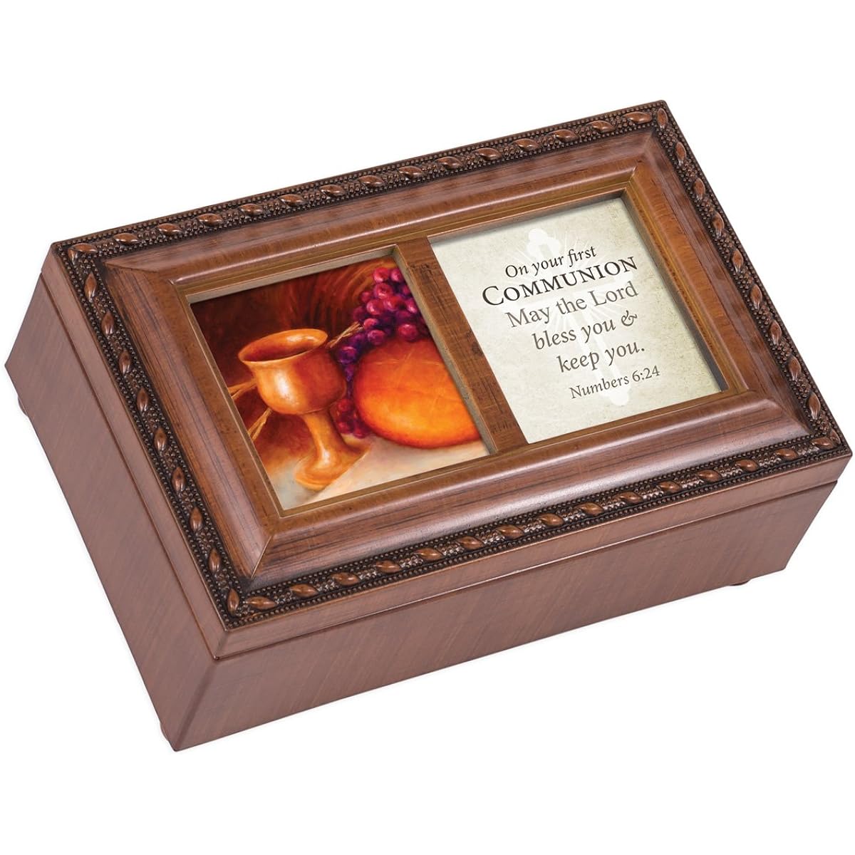 First Communion Lord Bless You Wood Finish Small Jewelry Music Box Plays We Have a Friend in Jesus