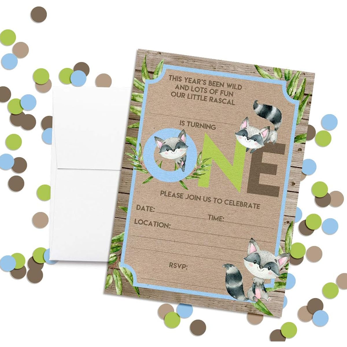AmandaCreation Little Rascal Cute Raccoon 1st Birthday Party Invitation 5"x7" Card Includes 20 White Envelopes
