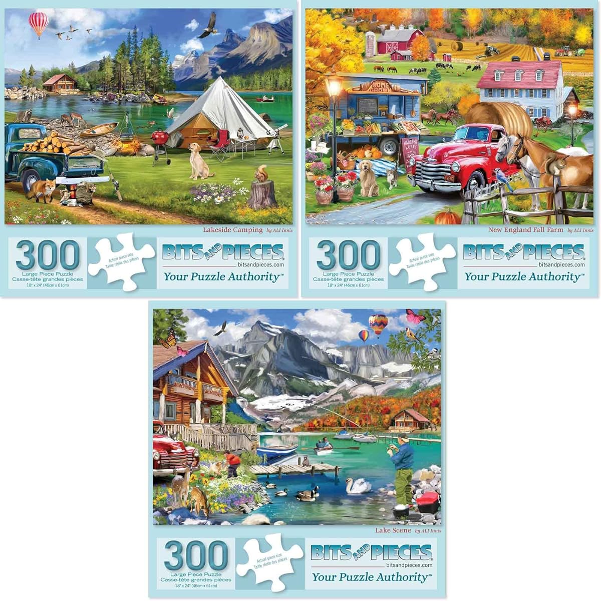 Bits and Pieces - Great Value 300 Piece Jigsaw Puzzle for Adults - Set of 3 - 18" x 24" - Large PC Lake & New England Farm Jigsaw Puzzle ALI Innis