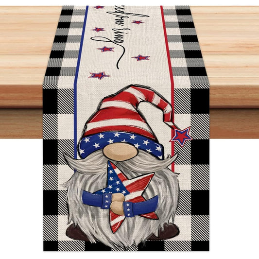4th of July Decoration Table Runner 13x72 Inch Memorial Day American Flag Stars and Stripes Patriotic Gnome America Ring of Liberty Freedom Independence Day Decor AT209