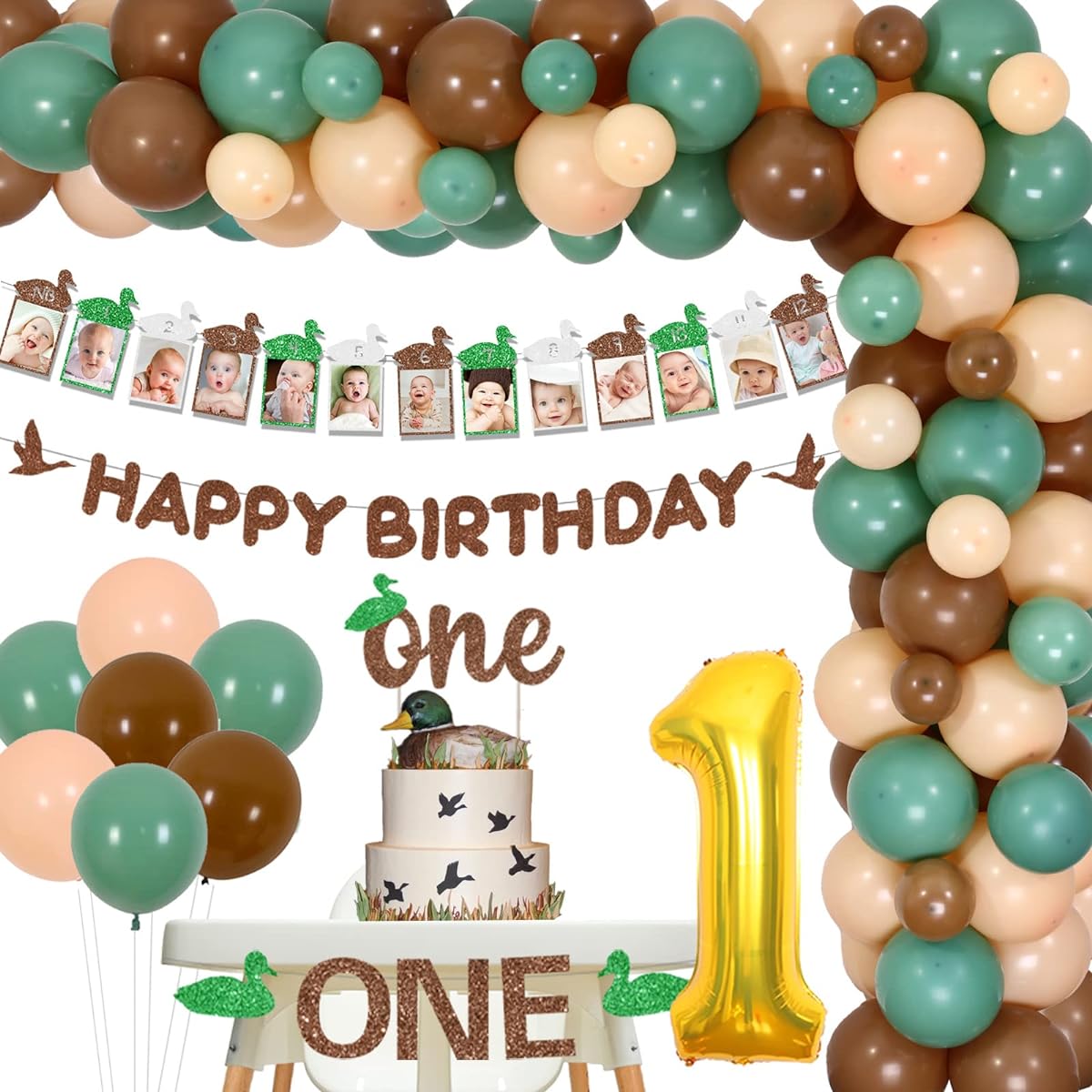 Duck Hunting 1st Birthday Decorations, Duck Hunting Happy Birthday Banner, Cake Topper, Highchair Banner, Photo Banner, Hunting Birthday Party Decorations for Boy's First Birthday