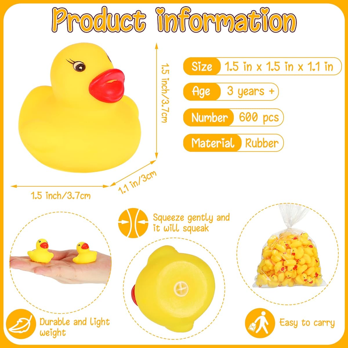 600pcs Mini Rubber Ducks Bulk Bath Toys Squeaky Little Ducks for Kids Bathtub Shower Birthday Favor Party Decoration Gift 1.57 x 1.57 x 1.18 inch (Yellow)