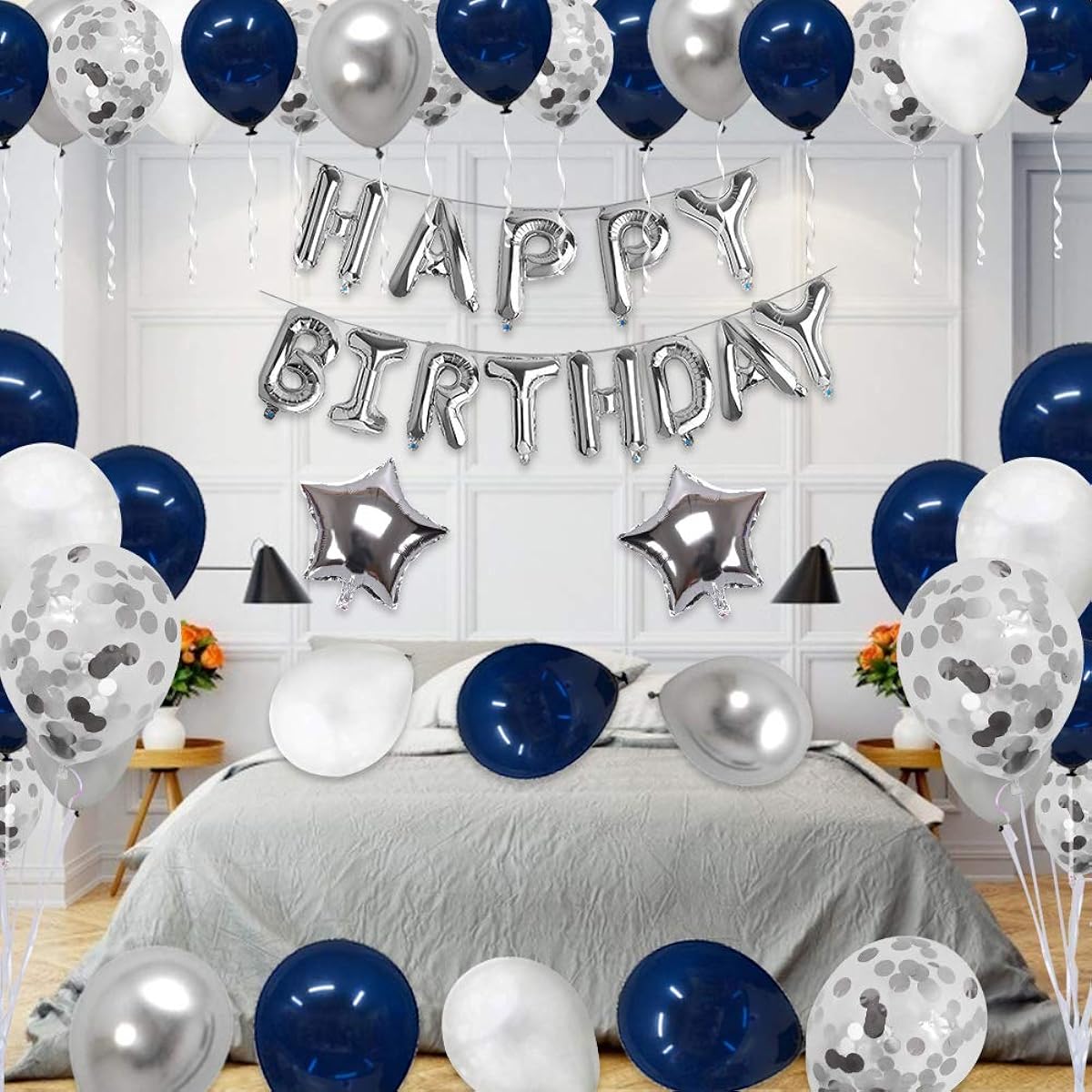 Xourspaty Birthday Decorations for Men Birthday Party Supplies for Boys Foil Banner Navy Blue Silver Confetti Latex Balloons Set for Women Girls Kids 1st 13th 16th 18th 21st 30th 40th 50th
