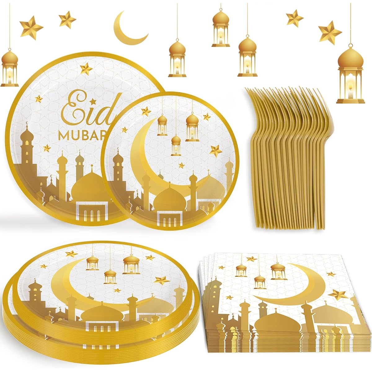 QIFU Eid Mubarak Home Decoration 24-Serve Festival Paper Plates Dessert Plates Napkins Fork Set Eid al-Fitr Decor Eid al-Adha Festival Ramadan Mubarak Islamic Supplies