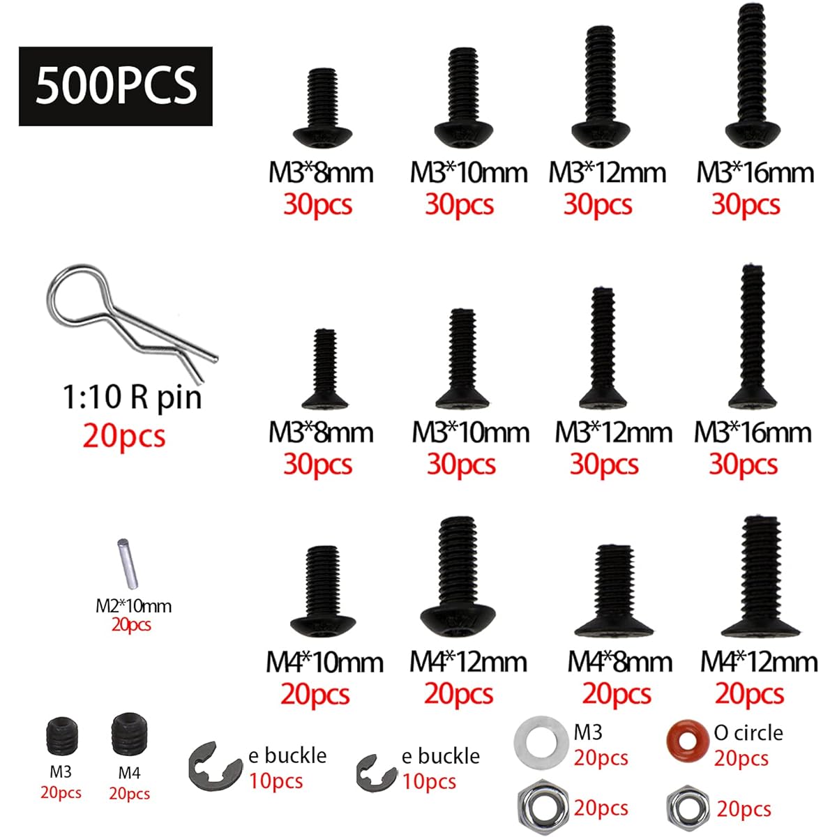 Mirthobby 500pcs Universal RC Screw Kit Repair Tool M3 M4 Screw E Buckle Hardware Fastener for HSP Axial SCX10 Traxxas Arrma Losi 1/8 1/10 1/12 RC Car Truck Crawler