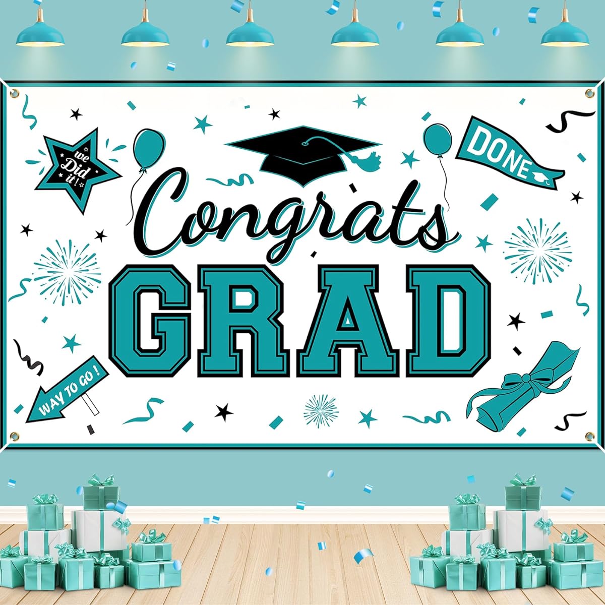 Teal Congrats Grad Graduation Banner, Black and Teal Graduation Backdrop, Teal Graduation Party Decorations, Class of 2024 Graduation Banner, Indoor Outdoor Graduation Party Supplies Decorations, 71x43 Inch
