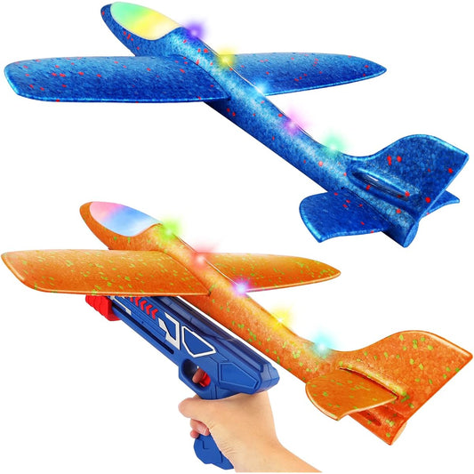 17.5" Large Plane Toy with Launcher, 2 Flight Modes, LED Lights, Foam Glider Plane Outdoor Flying Toys for Kids, Christmas Birthday Gifts for 4 5 6 7 8 9 10 Year Old Boys/Girls (2 Pack)