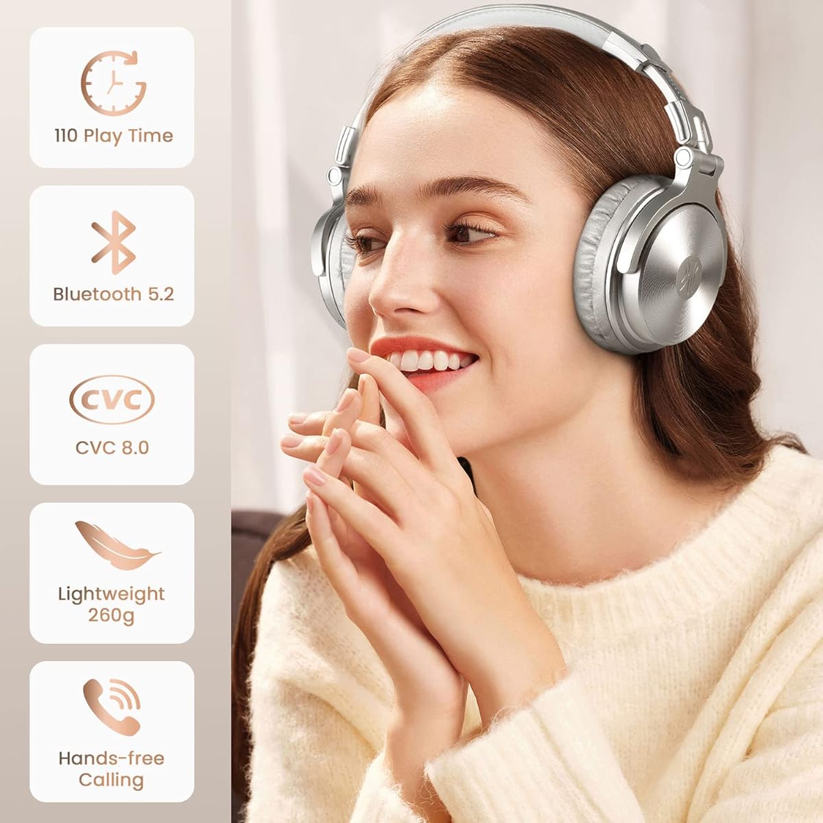 Bluetooth Over Ear - Wireless/Wired 110 Hrs Stereo Sound Bluetooth Foldable Headsets with Deep Bass 50mm Neodymium Drivers for PC/Phone - Studio Wireless Pro C, Champagne Gold