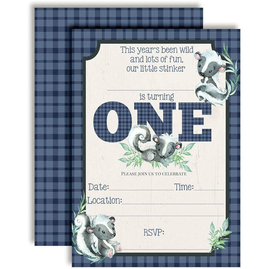 AmandaCreation Little Smelly Cute Skunk Themed First Birthday Party Invitations, 5"x7", 20 Cards, 20 White Envelopes Included
