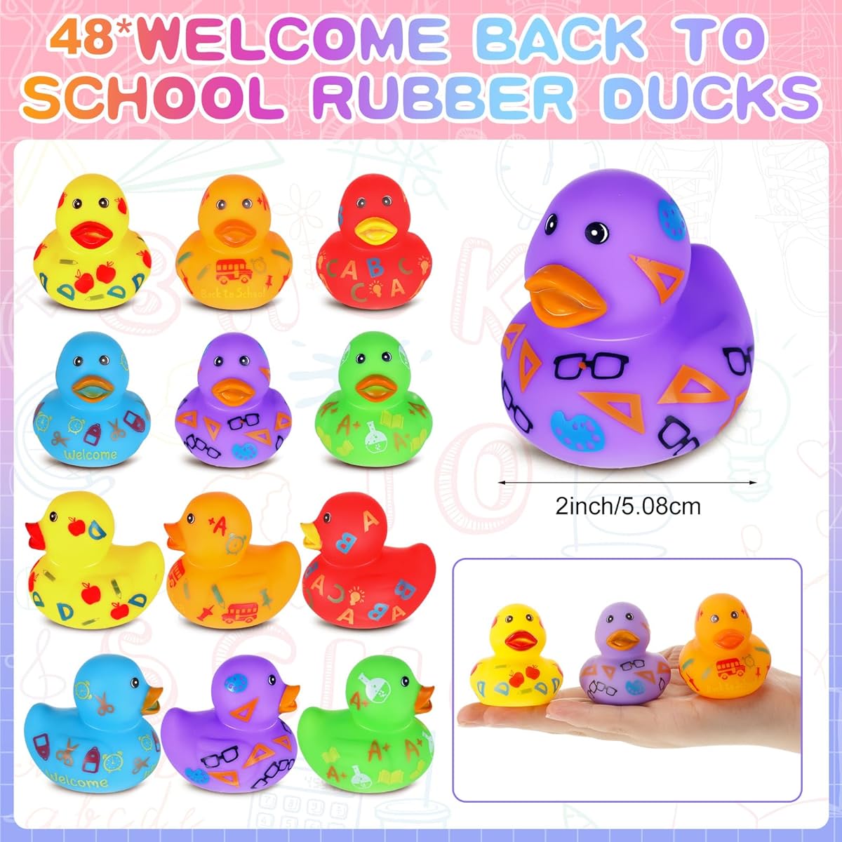 Back to School Gifts, Student Gifts, 2" Back to School Rubber Ducks, Mini Rubber Ducks, First Day of School Party Supplies, Floating Ducks, Bath Toys for Boys and Girls, School Classroom Exchange Prizes (48 Pieces)