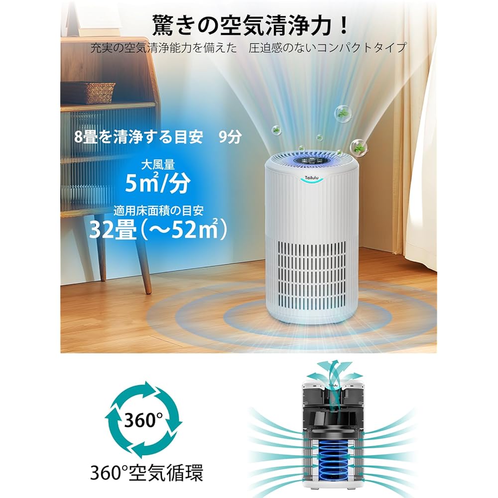 Air Purifier, (Energy Saving Countermeasures, 360° Circulation Purification & Silent Design) Lightweight, Small, Tobacco, Pets, Pollen, Toilet Odor Prevention, Compatible with 22 - 40 Tatami Mats, 3
