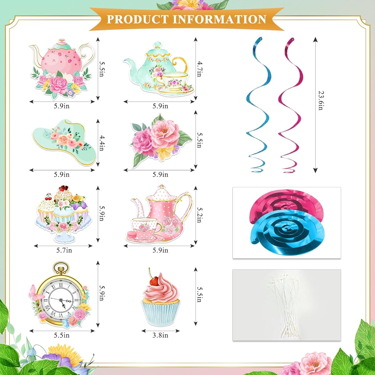 Tea Party Decorations Floral Tea Birthday Party Decorations Teapot Birthday Banner with Floral Hanging Swirls Tea Party Decorations Little Girl Baby Shower Party Supplies