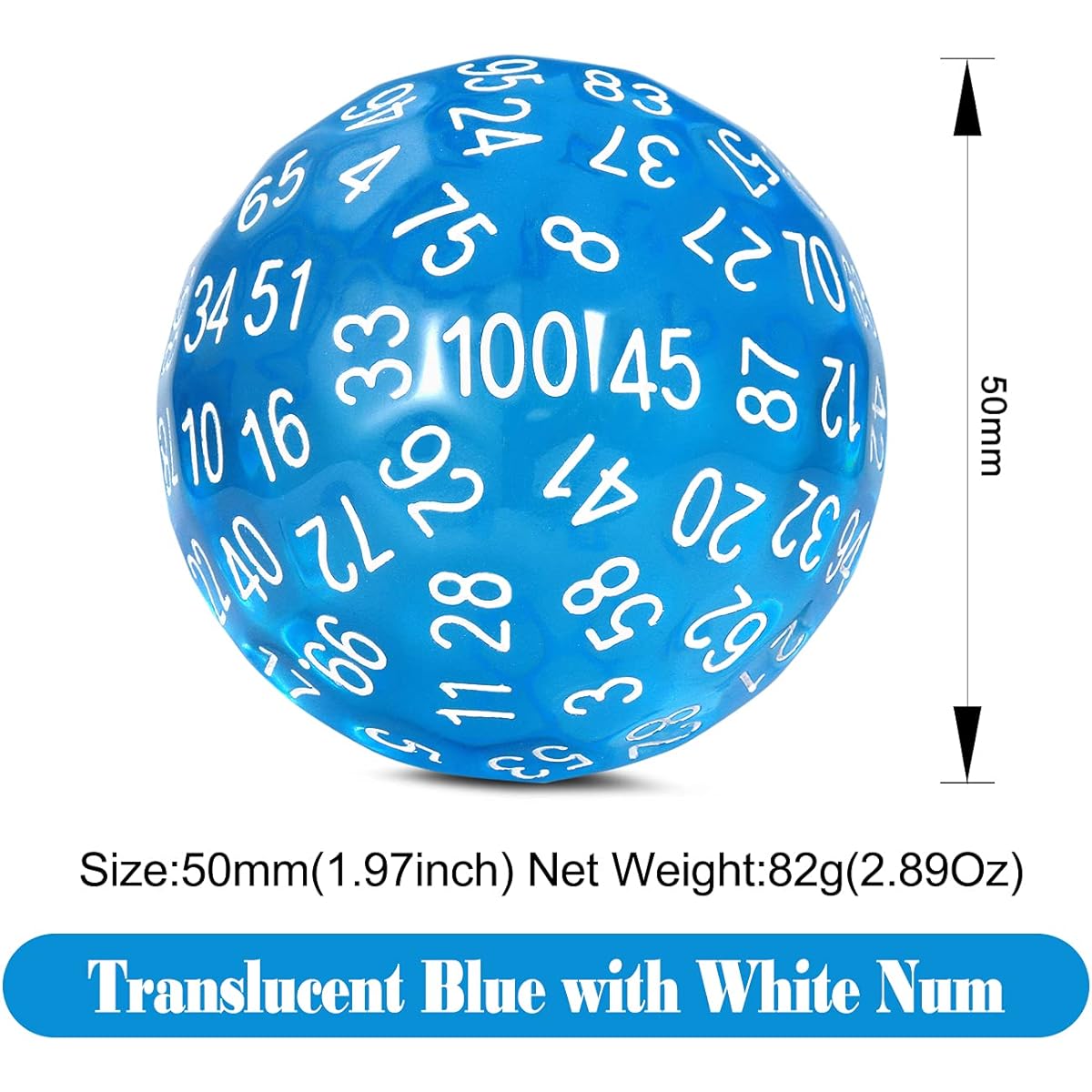 DNDND D100 Dice Blue 100 Sided Dice Set with Organza Pouch for Dungeons & Dragons DND (Translucent Blue and White Numbers)