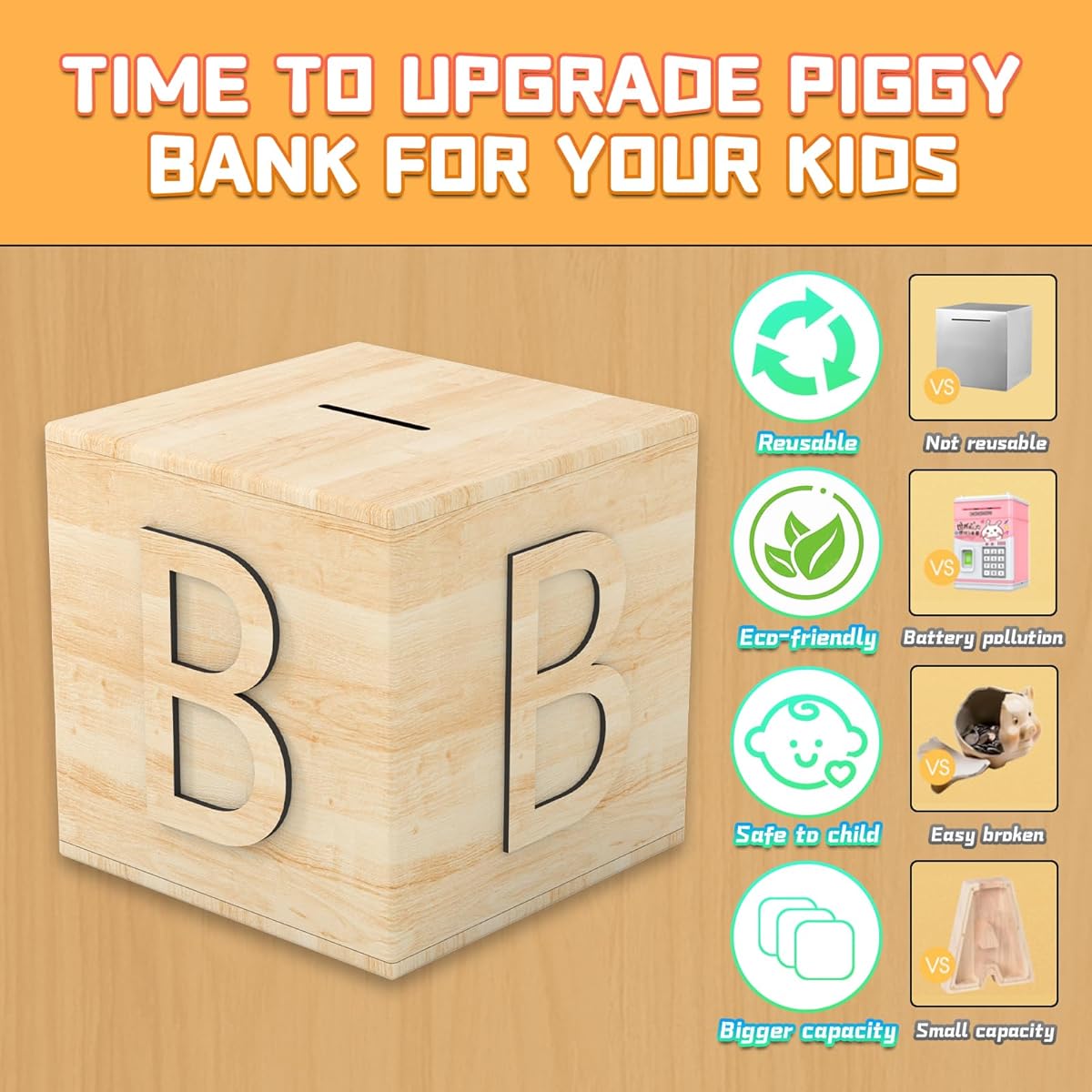 Piggy Bank for Adults | Wooden Piggy Bank to Help Your Budget | Unbreakable Piggy Bank for Adults Needs a Screwdriver to Open | 1 Letter M Piggy Bank, 1 Dinosaur Piggy Bank [Upgrade] (M)