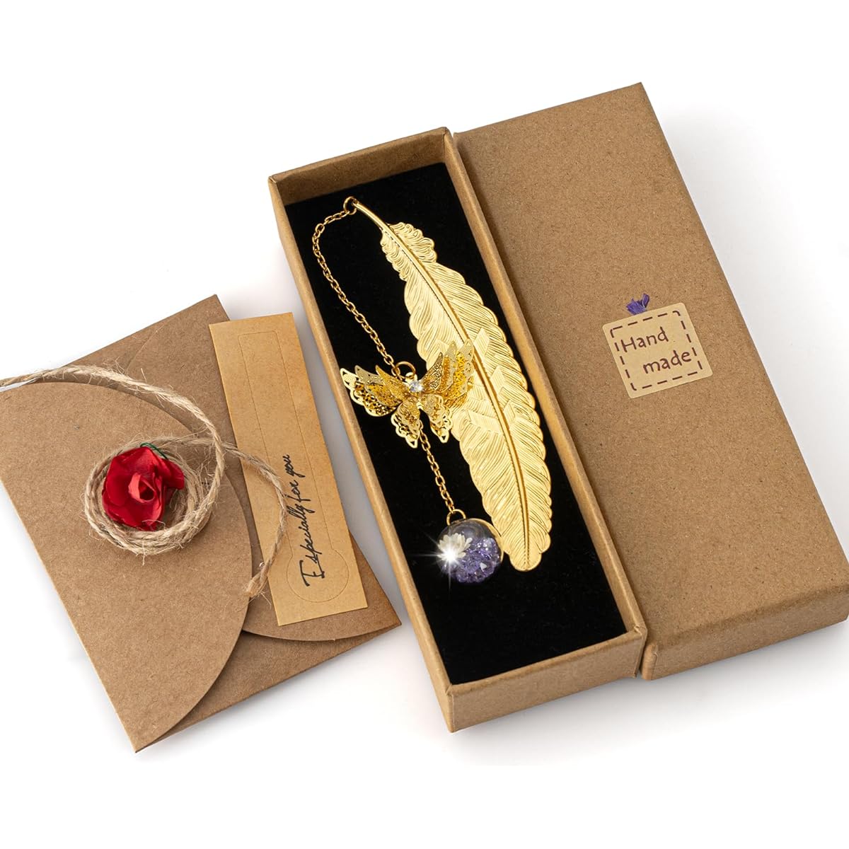 Harphia Book Accessories Gift Pack Golden Feather Bookmark with Golden Butterfly, Purple Diamond and White Floret Pendant with Rose Craft Paper Card Envelope 014Rgftpur