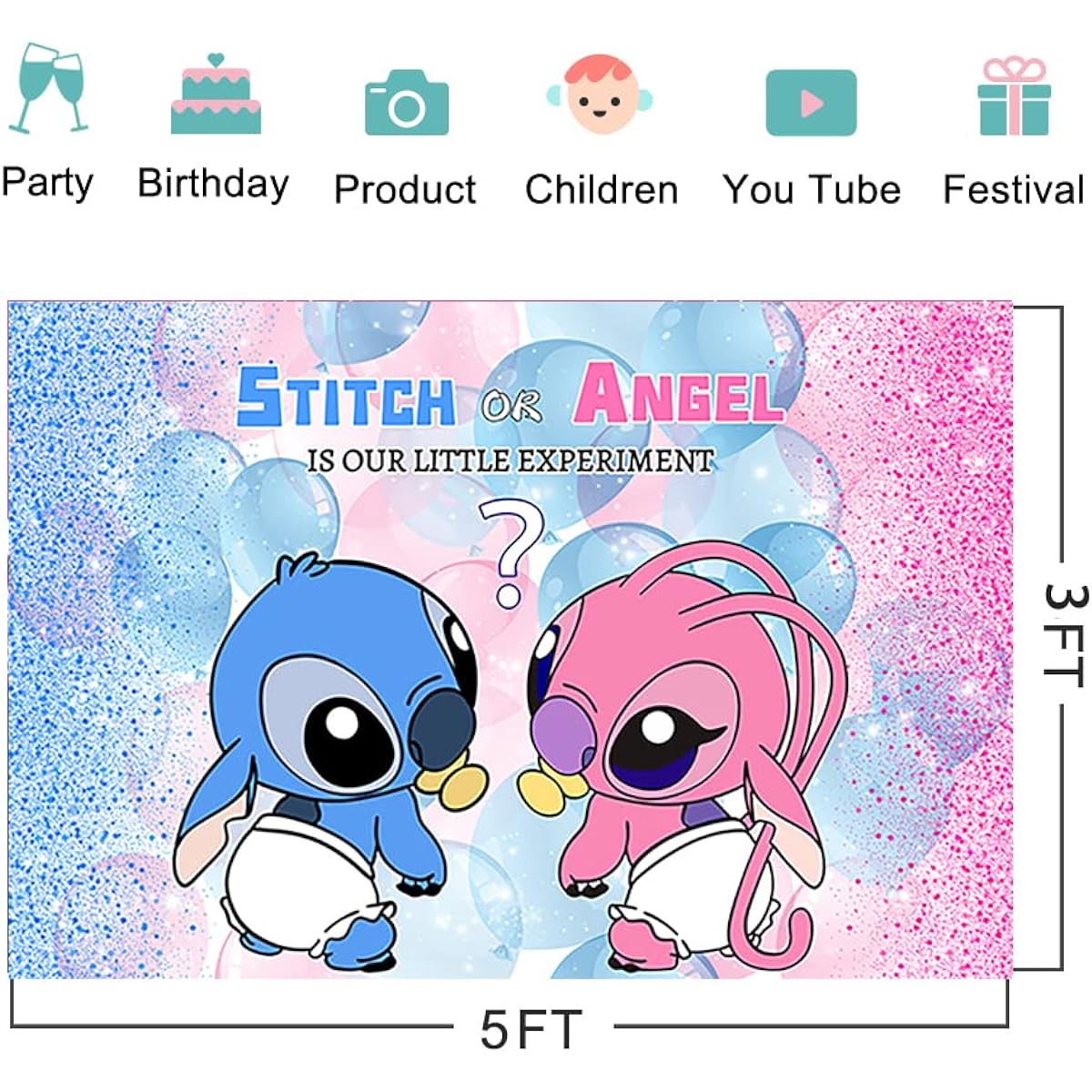 Hawaiian Aloha Background Stitch and Angel Gender Reveal Theme Banner Lilo & Stitch Theme Party Decorations Supplies 5x3ft