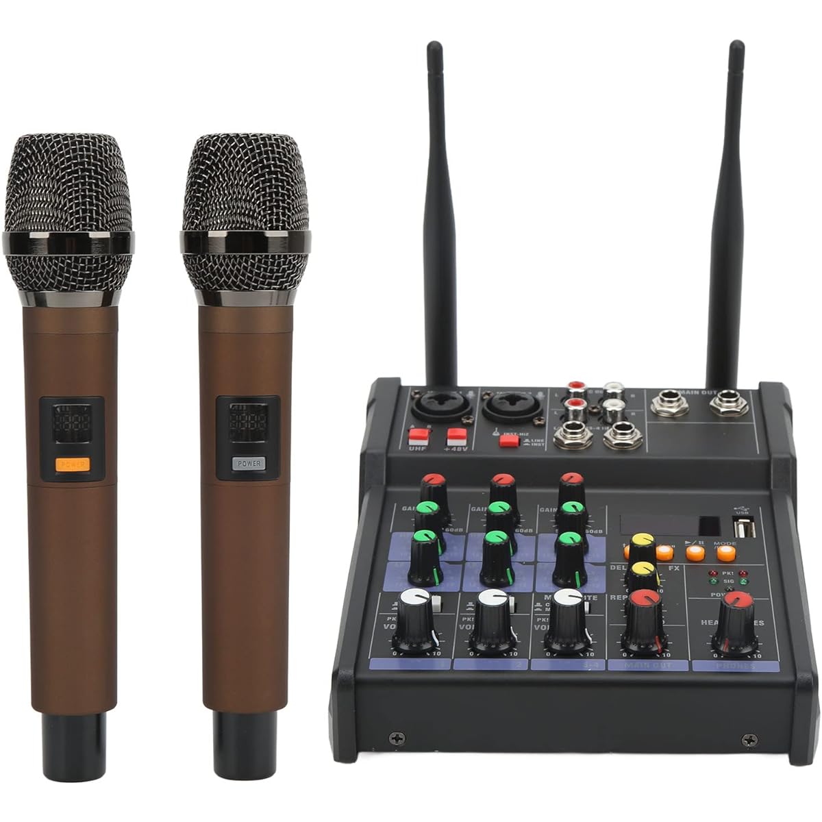 Professional Audio Mixer, 4 Channel Sound Mixer with Dual Wireless Mic, 4 Channel Small Stereo Mixer for Home Karaoke Party Computer Studio Recording