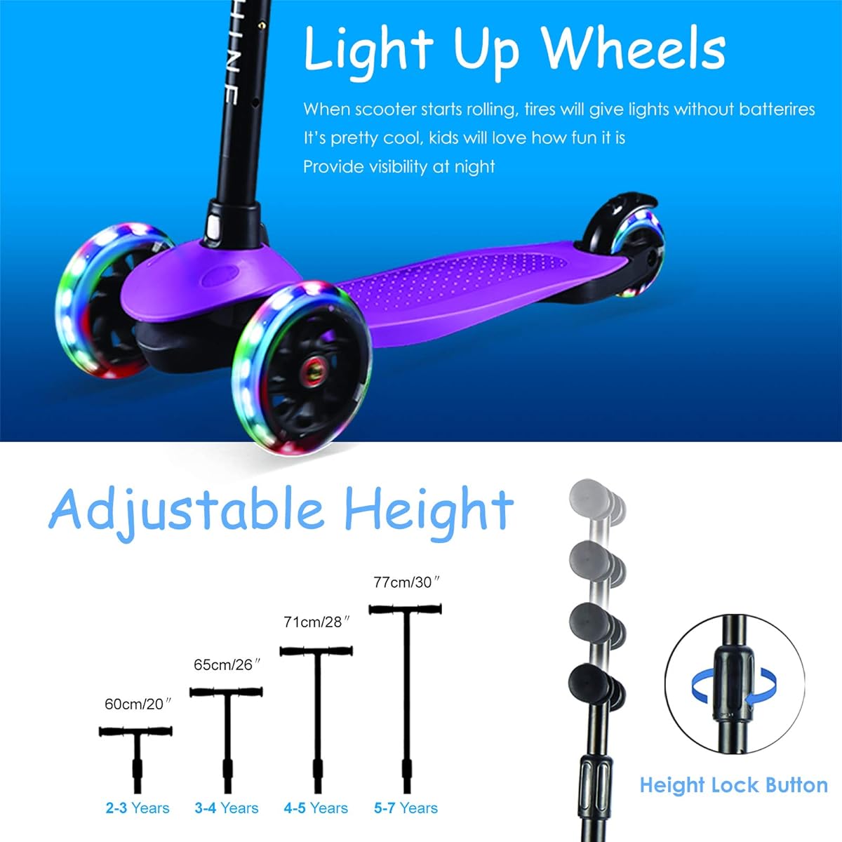 Toddler Scooter, Kids 3 Wheel Scooter for Boys and Girls Kick Scooter with Light Up Wheels, Adjustable Height, Easy to Learn, Solid & Sturdy, Fits 2-5 Years Old Kids (Purple)