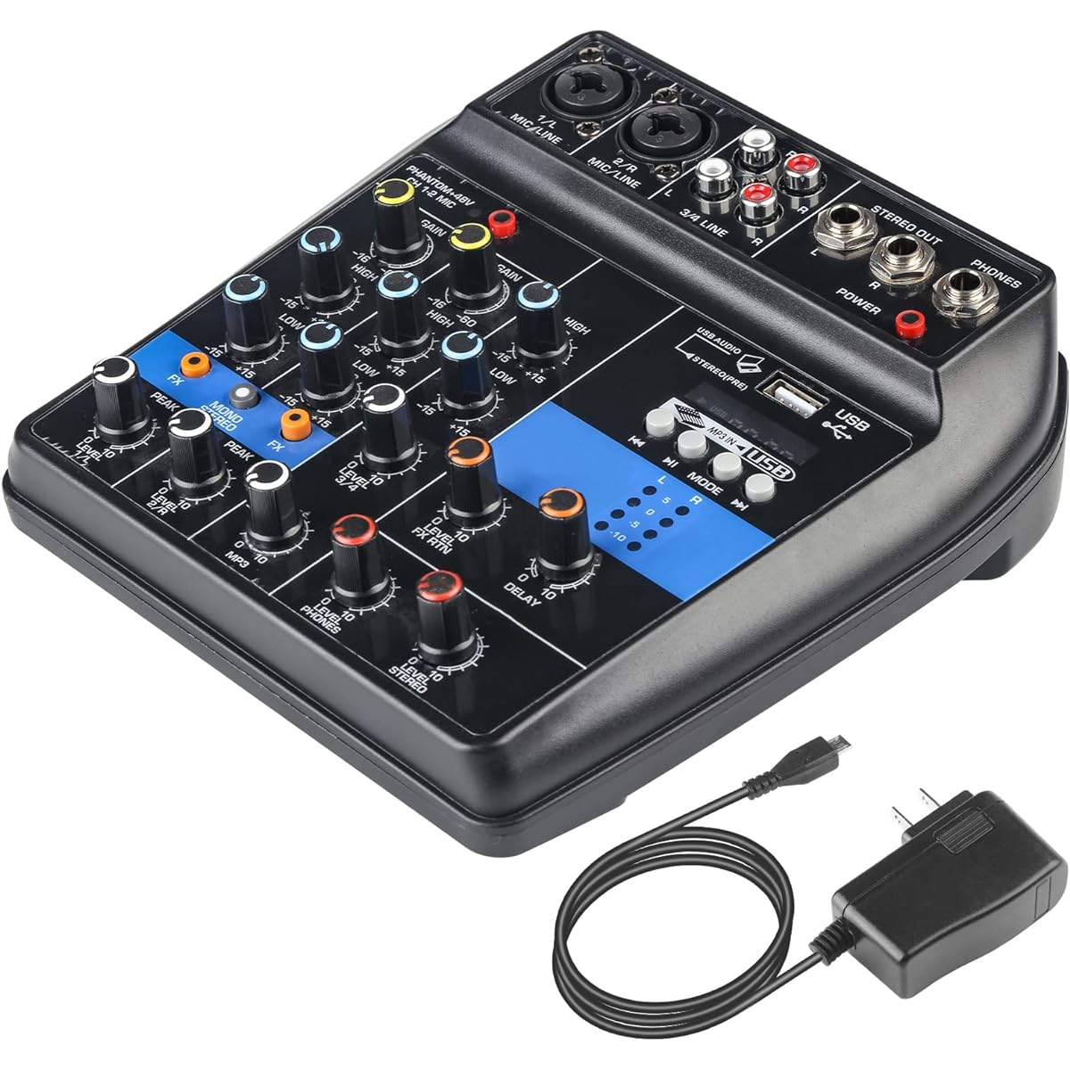 Mini Audio Mixer 4 Channel Sound Mixing Board USB Bluetooth MP3 Computer Input Audio Sound Mixer 48V Phantom Power Stereo DJ Studio Streaming Media FX Reverb Delay Processor