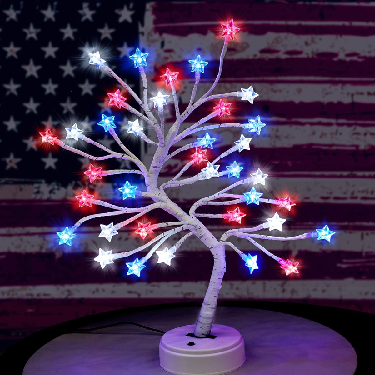Pooqla 4th of July Decoration Light Up Tree 36LED Independence Day LED Tree with Star Lights Red White Blue Table Centerpiece Lights Patriotic Lights Memorial Day Party Home Decoration